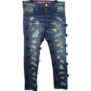 Smugglers Moon Jeans Mens 36 x 32 Blue Distressed Streetwear Slim Stretch Denim